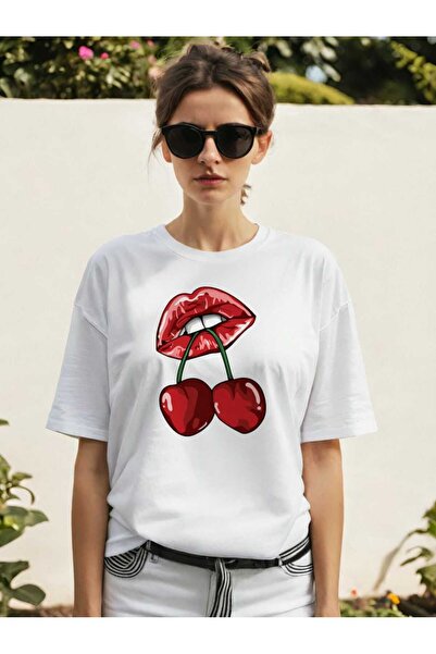 Ankhises Tricou Cherry Cherries 11 cu imprimeu frontal, alb, supradimensionat...