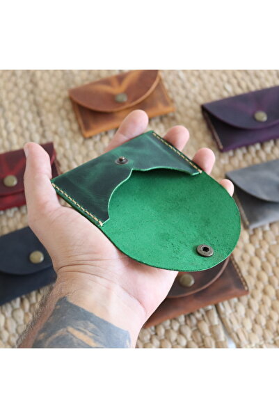 Derici Amca Handmade Leather Card Holder Wallet - Antique Snap Fastener Minimal Card Holder Wallet