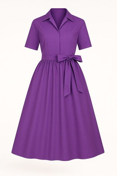 MERT ERKAN Short Sleeve & Belted Midi Length Light Purple Poplin Shirt Dress