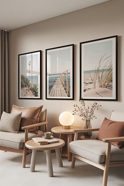 Postifull Siyah Tablo Seti, 3 Adet Siyah Çerçeveli Poster Best Beach View Mod...