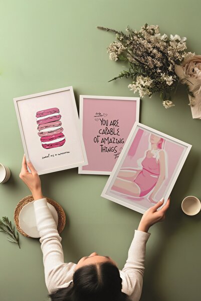 Postifull Beyaz Tablo Seti, 3 Adet Beyaz Çerçeveli Poster Pink Motivation Model No:300811, Pembe Duvar Dekoru