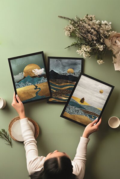 Postifull Siyah Tablo Seti, 3 Adet Siyah Çerçeveli Poster Sun by the Mountain Model No:300884, Duvar Dekoru