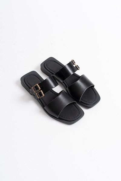 ripuvainen Mistelle Women's Buckle Detailed Thin Sole Lightweight Comfortable Genuine Leather Slippers - Black