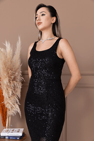 BEYBOS Pul Payet Kalın Askılı Balık Abiye Elbise - SİYAH