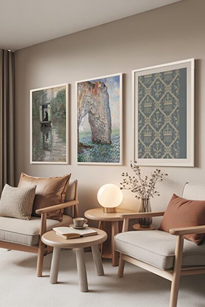 Postifull Set de picturi albe, 3 posteri cu cadru alb River Model Nr: 300874, decor de perete albastru