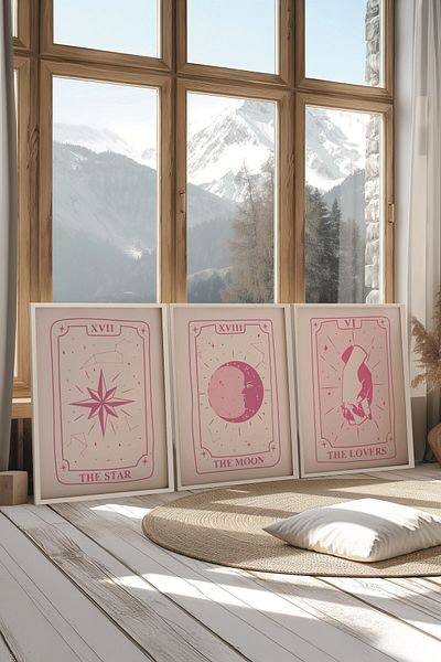 Postifull White Painting Set, 3 Pieces White Framed Poster Tarot Cards Model No:300898, Pink Wall Decor