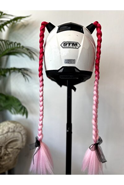 Butik Motor & Motosiklet Pembe Ombreli Çift Örgü Saç Kask Dış Aksesuar