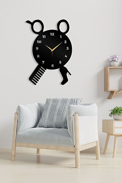 LUNOART Kuaför Temalı Siyah Metal Duvar Saati – Makas ve Tarak Figürlü