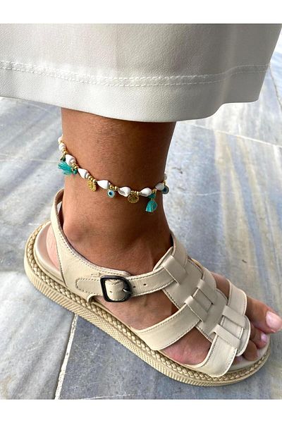 marsel aksesuar Evil Eye Beaded Sequins Round Stone Beige Turquoise Colored Anklet