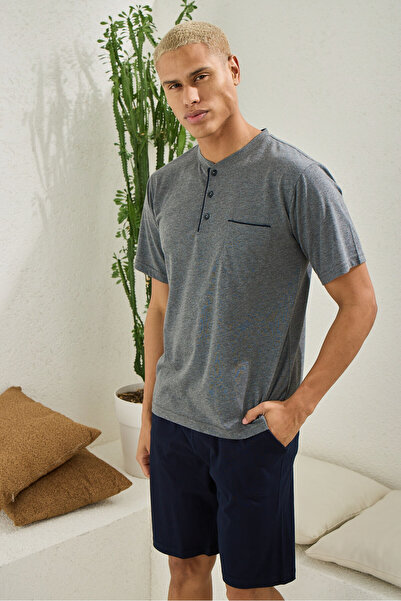 İpek Men's Short Sleeve Midi Collar Plus Size 100% Cotton Shorts Pajamas Set