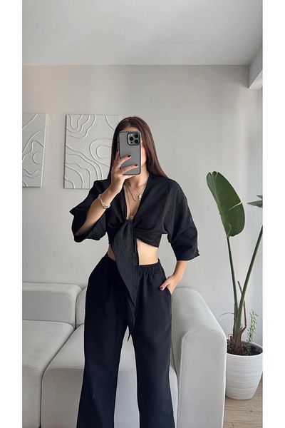 Zoom Butik Tie-Up Crop & Pants Set - Black