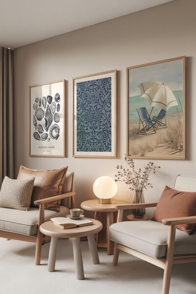 Postifull Set de pictură din lemn, 3 bucăți poster cu cadru din lemn scaune pe plajă Model Nr:300876, decor de perete