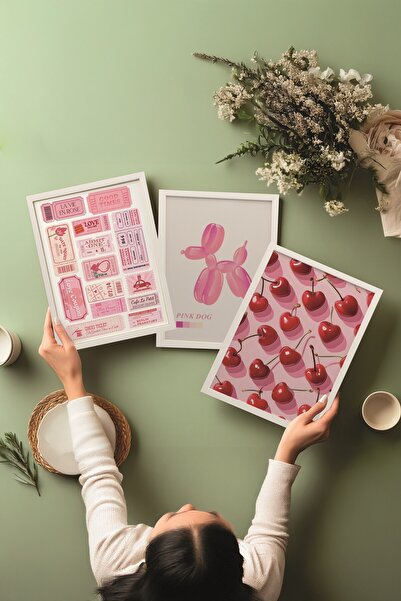 Postifull Beyaz Tablo Seti, 3 Adet Beyaz Çerçeveli Poster Preppy Model No:300893, Pembe Duvar Dekoru