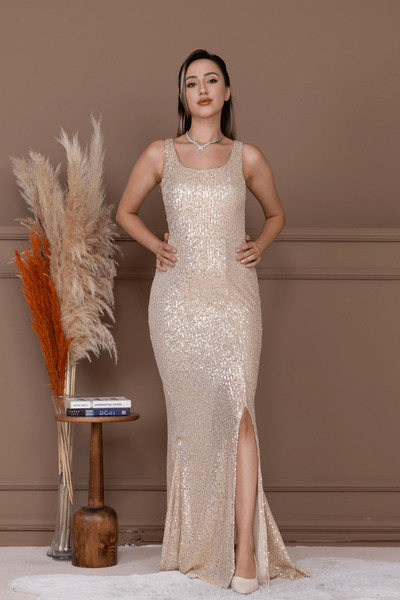 BEYBOS Pul Payet Kalın Askılı Balık Abiye Elbise - GOLD