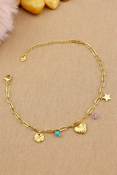 Keyifli Hayaller 316L Çelik Halhal | Yıldız - Kalp Model 316L Ataç Zincir Çelik Halhal 21+5 cm Kararmaz