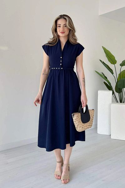 Aventien Judge Collar Belted Navy Blue Midi Dress