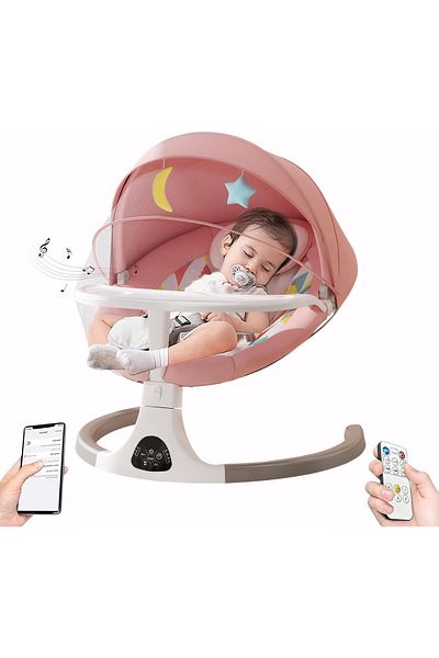 WePro Store Leagăn electric pentru bebeluși, Bluetooth, Telecomandă, Jucării, Tavă, Plasă de țânțari, 0–12 luni, Roz