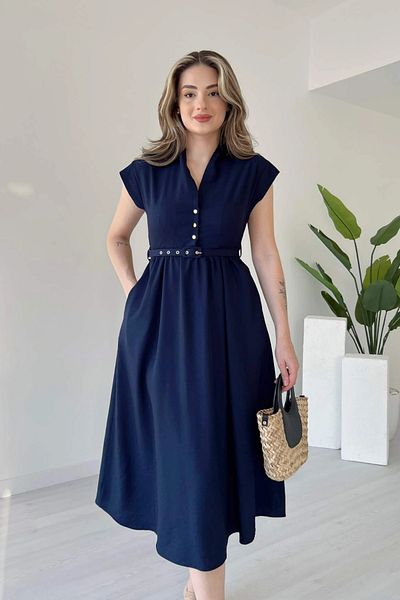Aventien Judge Collar Belted Navy Blue Midi Dress