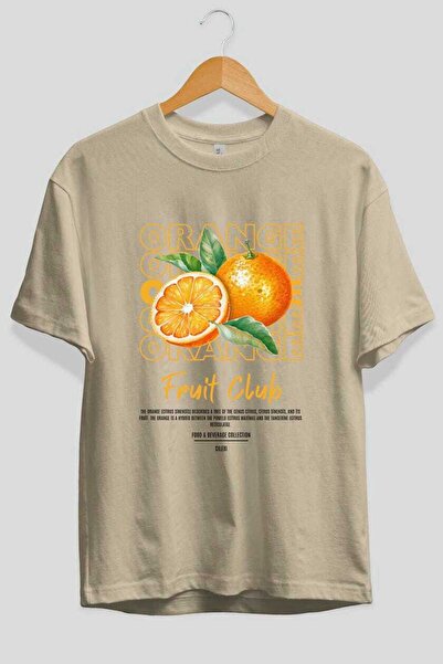 Ankhises Πορτοκαλί μπροστινό εμπριμέ μπεζ μπλουζάκι Oversize Ανδρικό Γυναικείο Βαμβακερό μπλουζάκι με λαιμόκοψη