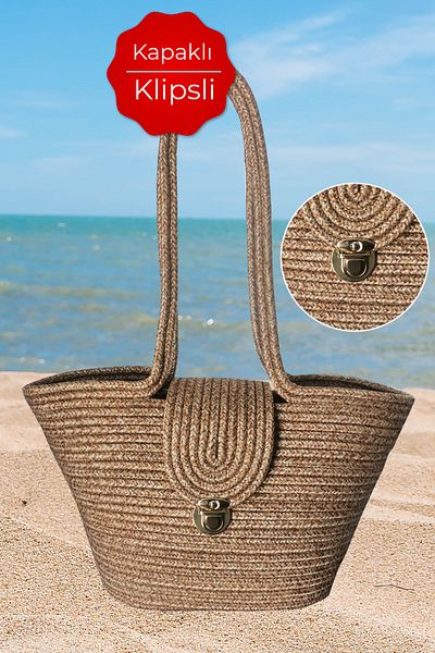 Bevella Macrame Cord Natural Straw Jute Beach Bag with Flap and Clip, Gorgeous Bag