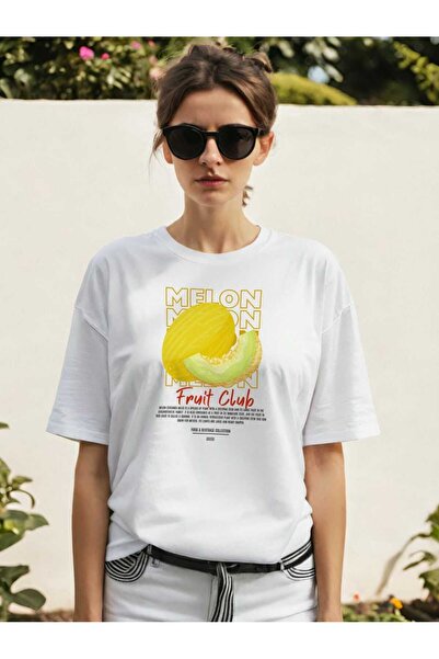 Ankhises Tricou oversize alb cu imprimeu în față Melon Bărbați Femei Tricou d...