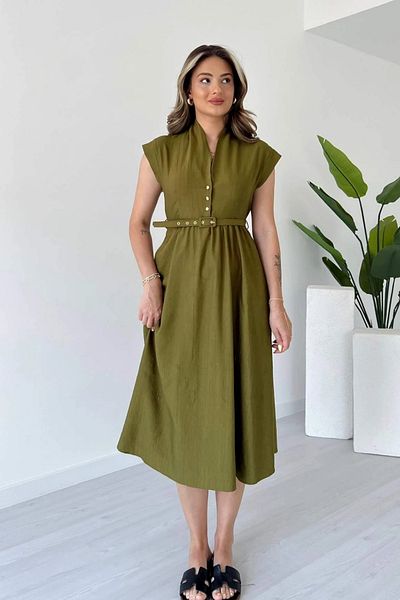 Aventien Judge Collar Belted Fat Green Midi Dress