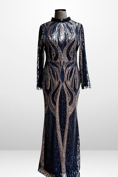 By Saygı Women's Stand Collar Sequin Embroidered Lined Plus Size Long Dress