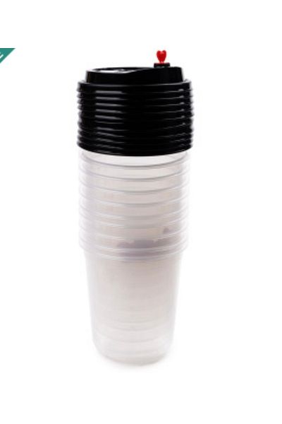 Generic Set of clear plastic cups with a black lid and a red heart