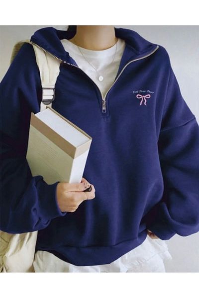 BYMEER Bow Printed Navy Blue Stand Collar Zippered Sweatshirt
