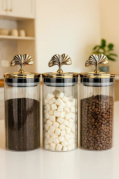 Woodcept 3-Piece Gold Foil Vacuum Lid Glass Jar Food Storage Container, Borosilicate Jar 1500 ml