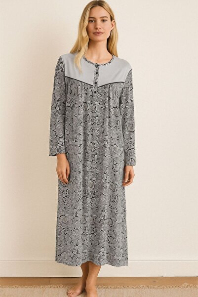 Nena %100 Pamuk Şal Desenli Uzun Kol Gecelik- Mavi