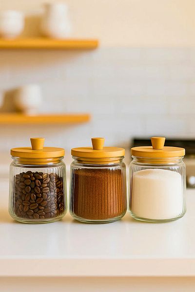 Woodcept Set of 3 Bamboo Vacuum Lid Glass Tea Sugar Coffee Salt Storage Jars, Storage Container 800 ml