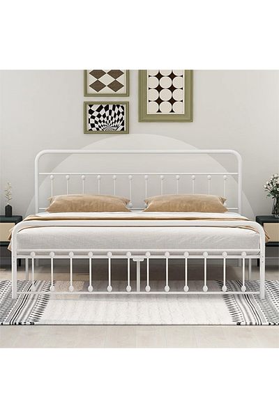 Generic سرير حديدي لشخصين مع مساحة تخزين سفلية للكبار والصغار بتصميم عصري أبيض 200×200 سم