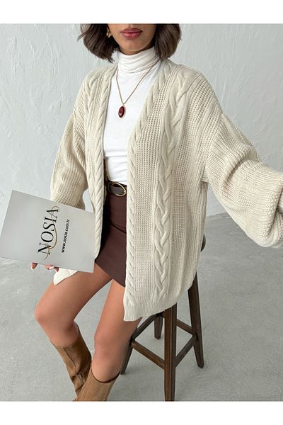 Nosia Women's Hair Braided Balloon Sleeve Knitwear Cardigan
