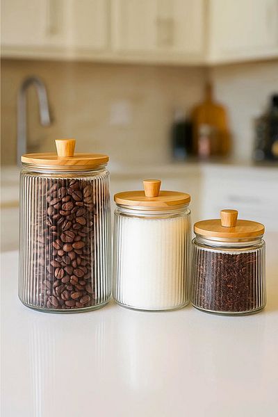 Woodcept 3 Size Bamboo Vacuum Lid Glass Tea Sugar Coffee Salt Storage Jar Set, Storage Container