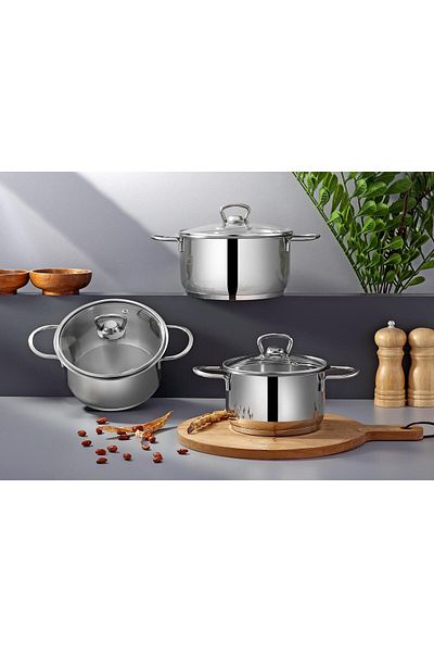 YUNUSOĞLU HOME Valencia 6 Piece 304 Quality Stainless Steel Stew Pot Set with Glass Lid 14-16-18 cm