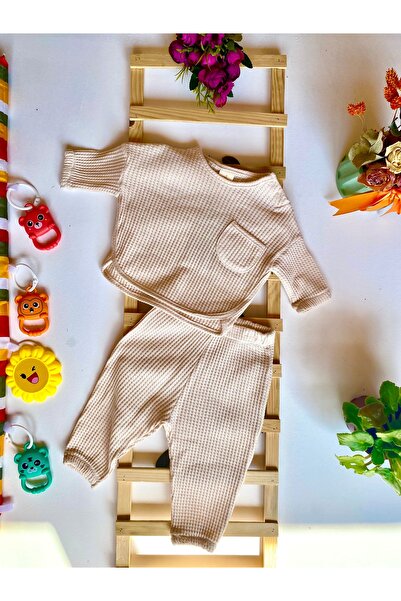 KapsülBebek طقم أطفال موسمي مكون من قطعتين من قماش الوافل للجنسين مع جيوب - ط...