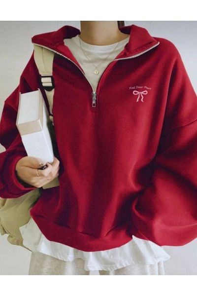 BYMEER Bow Printed Red Stand Collar Zippered Sweatshirt