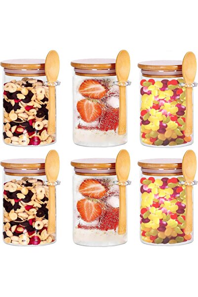 NEXIFY MAMATOONS 6-Pack 450ml(15oz) Glass Jars With Airtight Bamboo Lids and Spoon, Overnight Oats Jars Sug