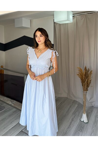 Starmount Butik Kısa Kol Omuzdan Büzgülü V yaka Poplin Gömlek Kumaş Günlük Uzun Elbise