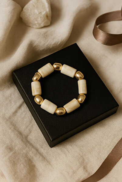 Lorvia Kadın Krem Renk Doğal Kemik ve Gold Detaylı Lastikli Bileklik