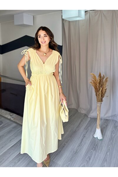 Starmount Butik Kısa Kol Omuzdan Büzgülü V yaka Poplin Gömlek Kumaş Günlük Uzun Elbise