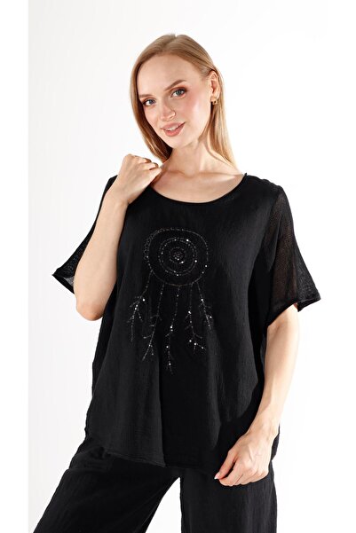 shE tekstil Sequined Embroidered Linen Blouse