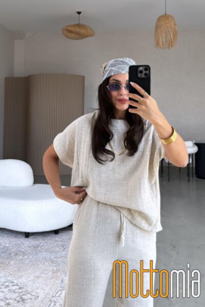 mottomia Women's Bottom Top Raw Muslin Sanforized Fabric Loose Cut Oversize Suit