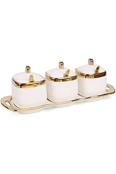 Generic Sugar Bowl with Lid and Spoon Ceramic Spice Jars with Tray Set - Golden Kitchen and Coffee C
