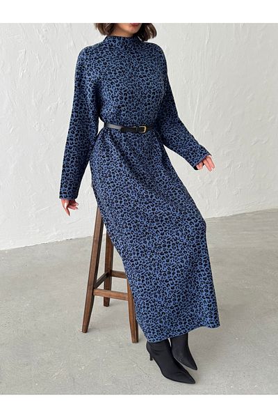 Nosia Women's Turtleneck Leopard Patterned Maxi Size Knitwear Dress