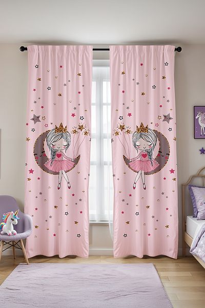 EVPANYA Pink Moon Princess Patterned Children's Baby Room Background Curtain (Single Wing Pricing)