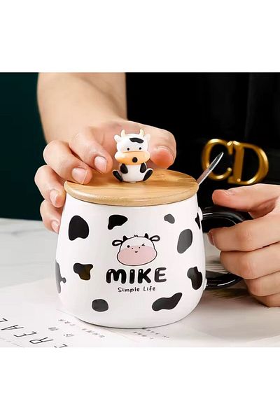 Coverzone Cow Design Ceramic Decorative Gift Mug with Lid and Spoon