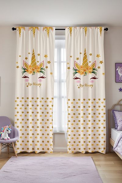 EVPANYA Gold Unicorn Crown Patterned Children's Baby Room Background Curtain (Single Wing Pricing)