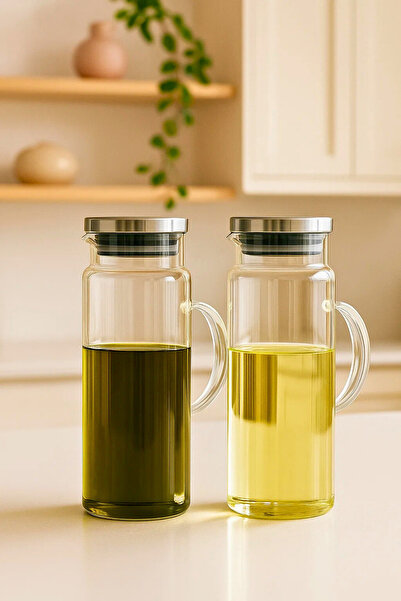 Woodcept. 2'li Metal Kapaklı Düz Cam Yağlık Yağdanlık Seti, Zeytinyağı ve Ayç...